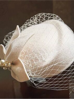 Ivory Pearl Accent Veiled Pillbox Hat - Women Accessories